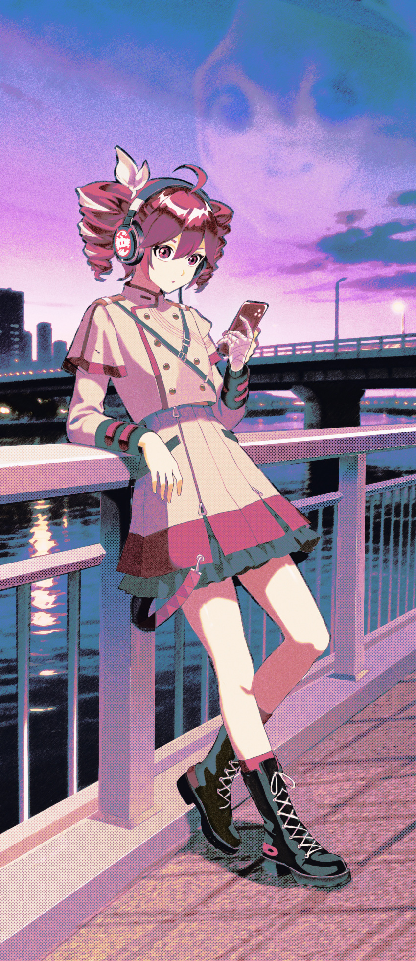 1girl, absurdres, against_railing, bandaged_hand, bandages, black_boots, boots, bridge, commentary_request, drill_hair, full_body, grey_jacket, grey_skirt, headphones, highres, holding, holding_phone, jacket, kasane_teto, kasane_teto_(sv), leaning, listening_to_music, long_sleeves, miniskirt, outdoors, phone, railing, red_hair, skirt, solo, standing, synthesizer_v, twin_drills, user_zjds8274, water