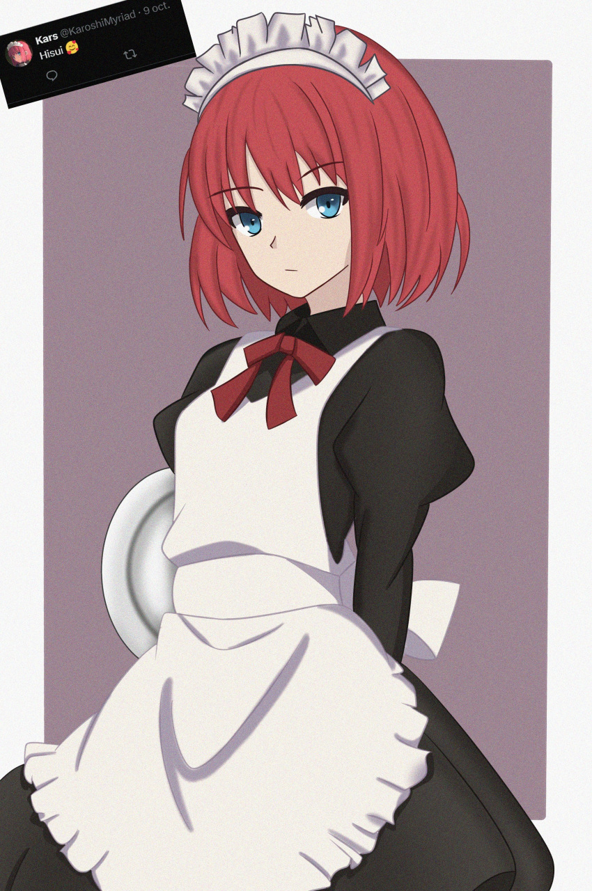 1girl, absurdres, apron, arms_behind_back, black_dress, blue_eyes, border, commentary, commission, dress, highres, hisui_(tsukihime), holding, holding_plate, justcuyo, maid, maid_apron, maid_headdress, outside_border, plate, puffy_sleeves, purple_background, screenshot_inset, tsukihime, twitter_screenshot, white_apron, white_border