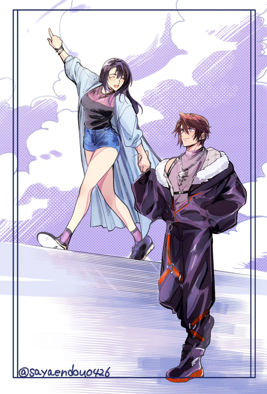 1boy, 1girl, alternate_costume, baggy_pants, black_boots, black_coat, black_hair, black_pants