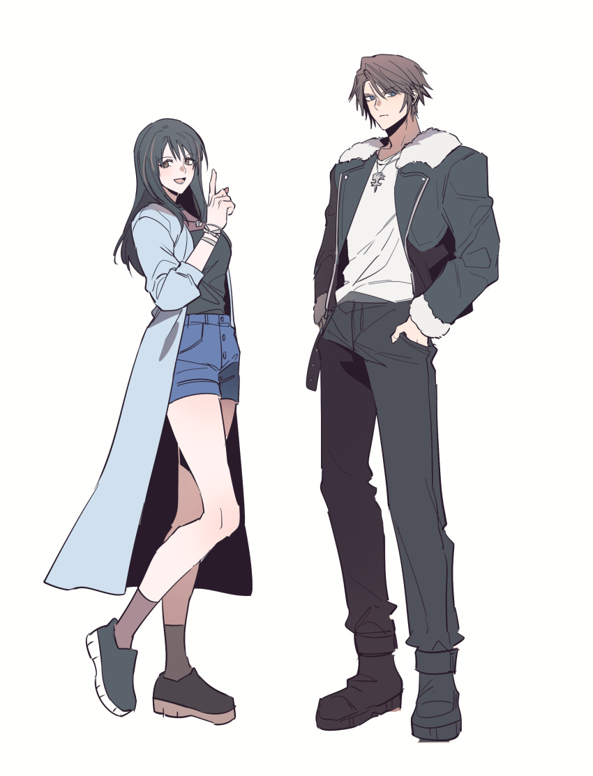 1boy, 1girl, absurdres, black_boots, black_cardigan, black_hair, black_jacket, black_pants