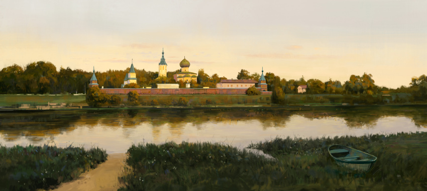 absurdres, boat, brick_wall, building, church, day, dirt_road, european_architecture, field, gradient_sky, grass, grey_sky, highres, lake, landscape, no_humans, original, outdoors, painterly, road, russia, scenery, sky, sunlight, tower, tree, water, watercraft, yellow_sky, zhongjusun