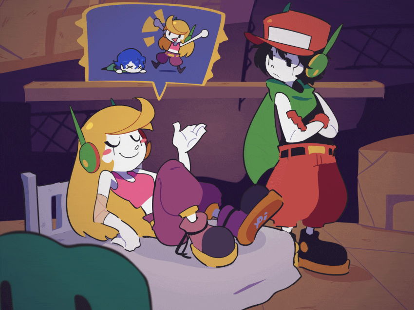 1boy, 2girls, animated, animated_gif, arm_support, baggy_pants, black_hair, black_shirt, blonde_hair, blue_hair, blush_stickers, breasts, cave_story, closed_eyes, colored_skin, curly_brace, defeat, english_text, gloves, green_scarf, hat, large_shoes, long_hair, midriff, misery_(cave_story), multiple_girls, pants, quote_(cave_story), red_gloves, red_hat, red_pants, red_tank_top, robot_boy, robot_ears, robot_girl, scarf, shammah, shirt, shoes, sleeveless, small_breasts, solid_oval_eyes, sound_effects, speech_bubble, spoken_character, tank_top, victory, white_skin, x_x