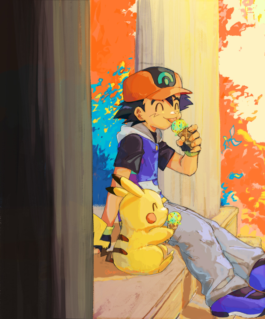 1boy, ^_^, ash_ketchum, baseball_cap, black_gloves, black_shirt, blue_hoodie, blue_shoes