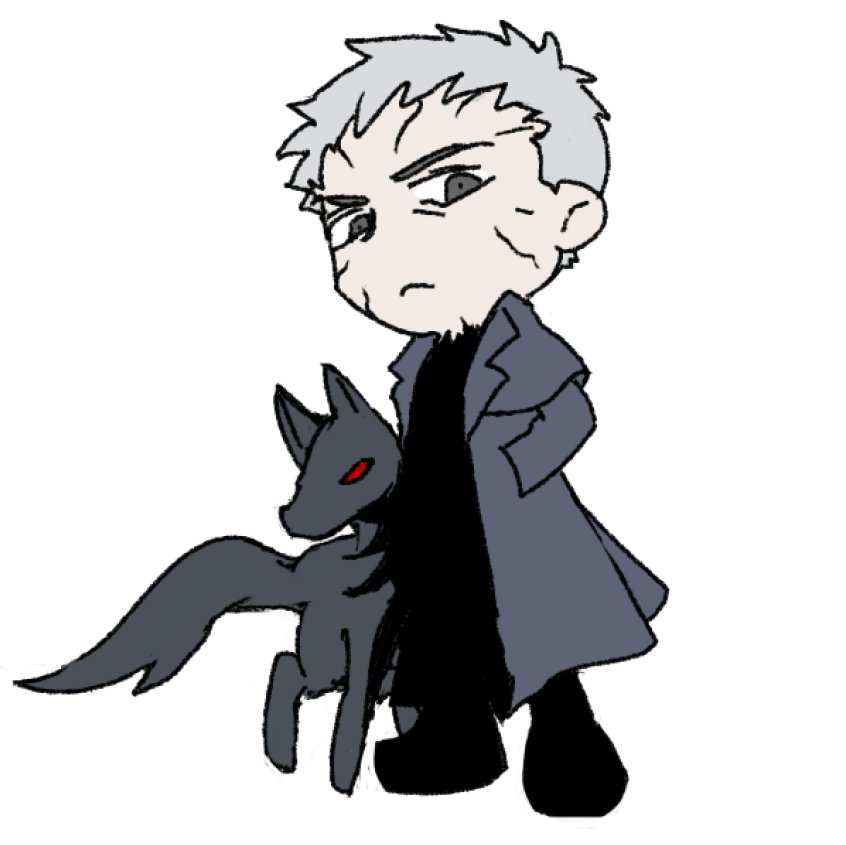 1boy, animal_ears, black_skin, chibi, coat, colored_skin, dog, expressionless