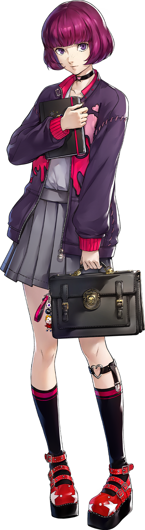 1girl, artist_request, bag, bob_cut, book, choker, grey_skirt, highres
