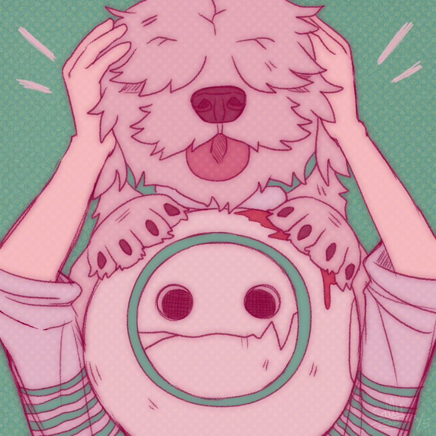 1boy, arms_up, commentary, crack, dog, english_commentary, gab_(kyokugen_dasshutsu), green_background