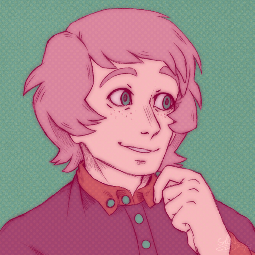 1boy, brown_hair, brown_shirt, collared_shirt, commentary, english_commentary, eric_(kyokugen_dasshutsu), freckles