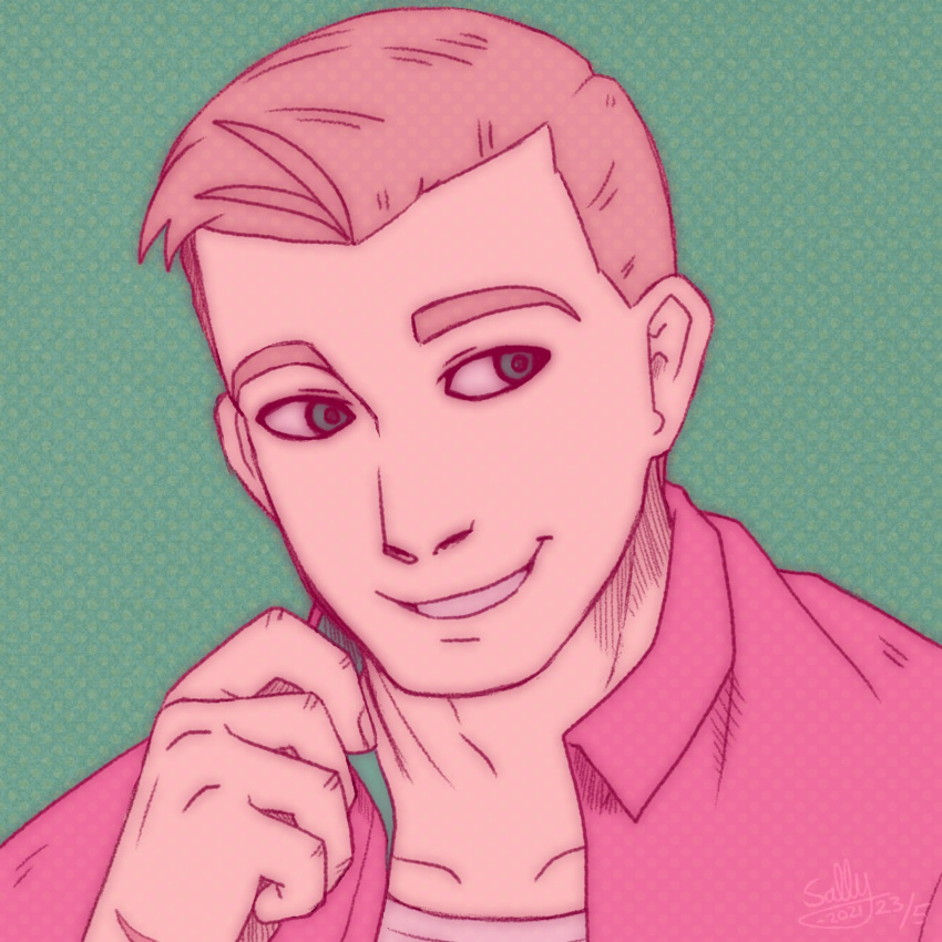 1boy, blonde_hair, carlos_(kyokugen_dasshutsu), collarbone, commentary, english_commentary, fingernails, green_background