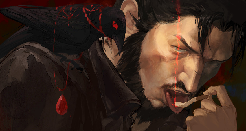 1boy, absurdres, beard, bird, black_hair, black_jacket, chinese_commentary, chinstrap_beard