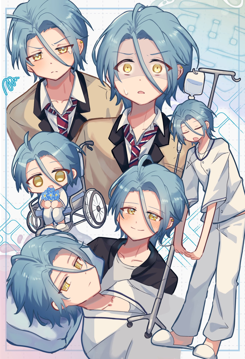 1boy, ahoge, angry, black_jacket, blue_border, blue_hair, blush, border