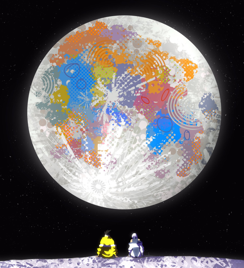 1boy, 1girl, artemis_ii, artemis_program, crescent_moon, cyberpunk:_edgerunners, cyberpunk_(series), david_martinez, full_moon, highres, jacket, lainlopez, lucy_(cyberpunk), moon, moonlight, outdoors, sky, space, star_(sky), starry_sky, yellow_jacket