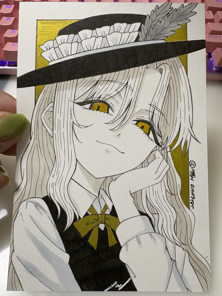 1girl, absurdres, artist_name, black_hat, black_vest, collared_shirt, commentary_request, dated