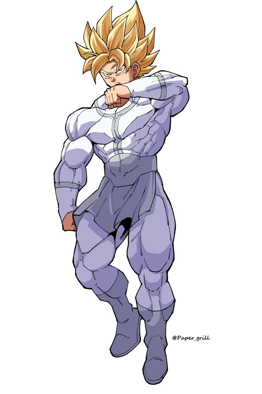 1boy, absurdres, blonde_hair, bodysuit, commentary_request, dragon_ball, dragon_ball_z, grey_bodysuit