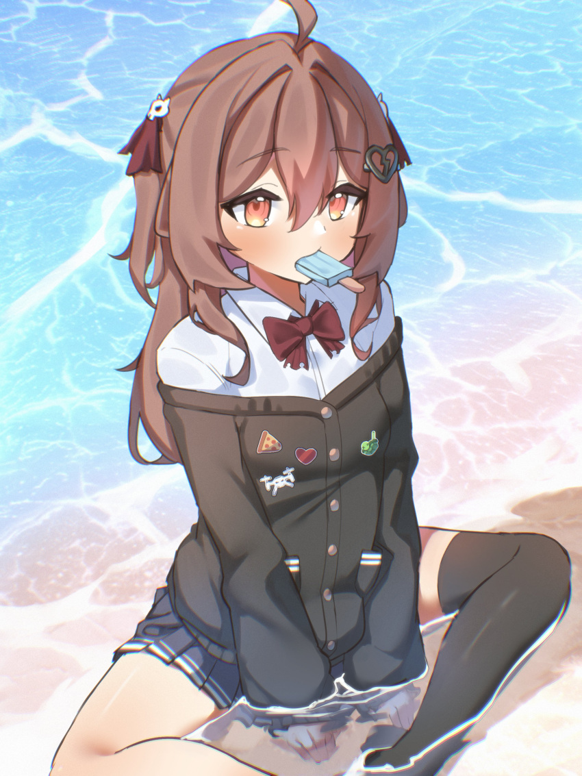 1girl, absurdres, ahoge, arm_support, badge, black_cardigan, black_skirt, black_thighhighs
