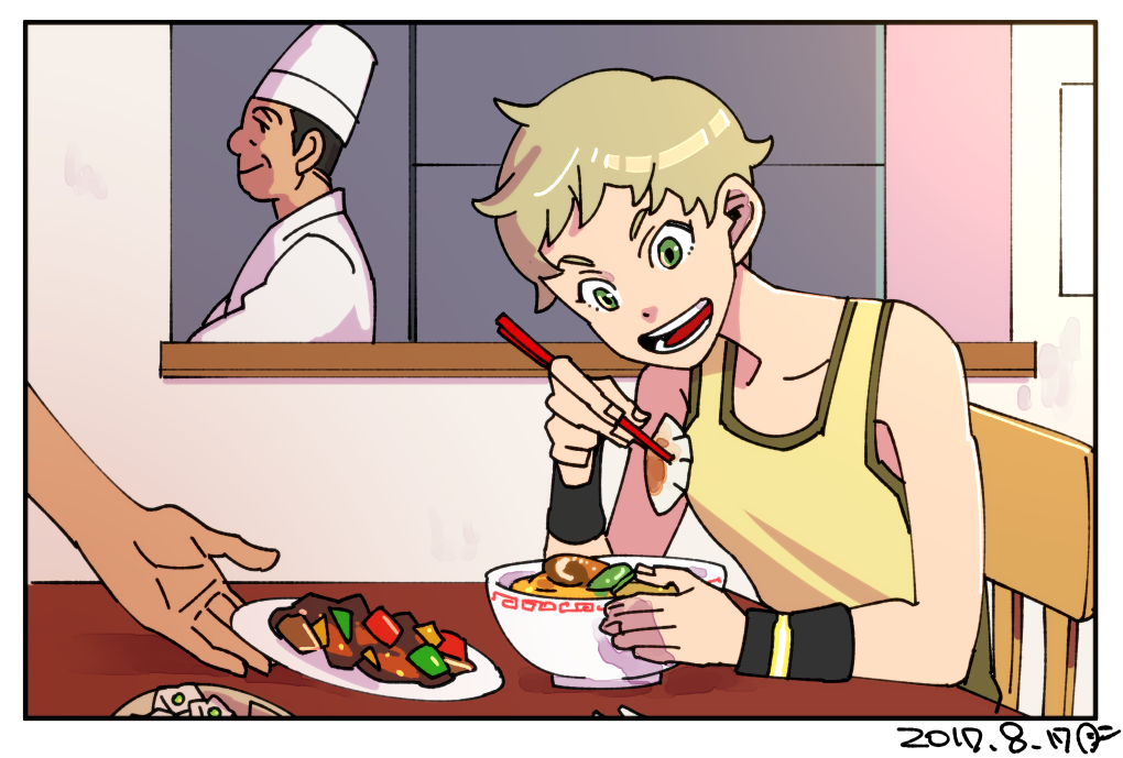 1boy, 1girl, 1other, black_hair, blonde_hair, border, chair, chef_hat