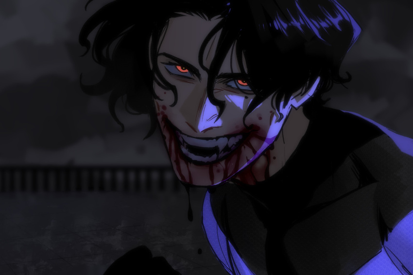 1boy, angelgemy, batman_(series), black_bodysuit, blood, blood_on_face, blue_bodysuit, bodysuit, commentary, dc_comics, dick_grayson, highres, male_focus, multicolored_bodysuit, nightwing, red_eyes, smile, solo, superhero_costume, taut_bodysuit, untranslatable_commentary, vampire