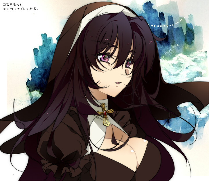 breasts, bust, cleavage, cleavage_cutout, cross, habit, hellsing, large_breasts, long_hair, nun, purple_eyes, solo, violet_eyes, wi, yumie_takagi