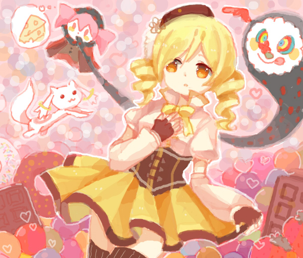 1girl, beret, black_thighhighs, blonde_hair, bow, bowtie, brown_corset, candy