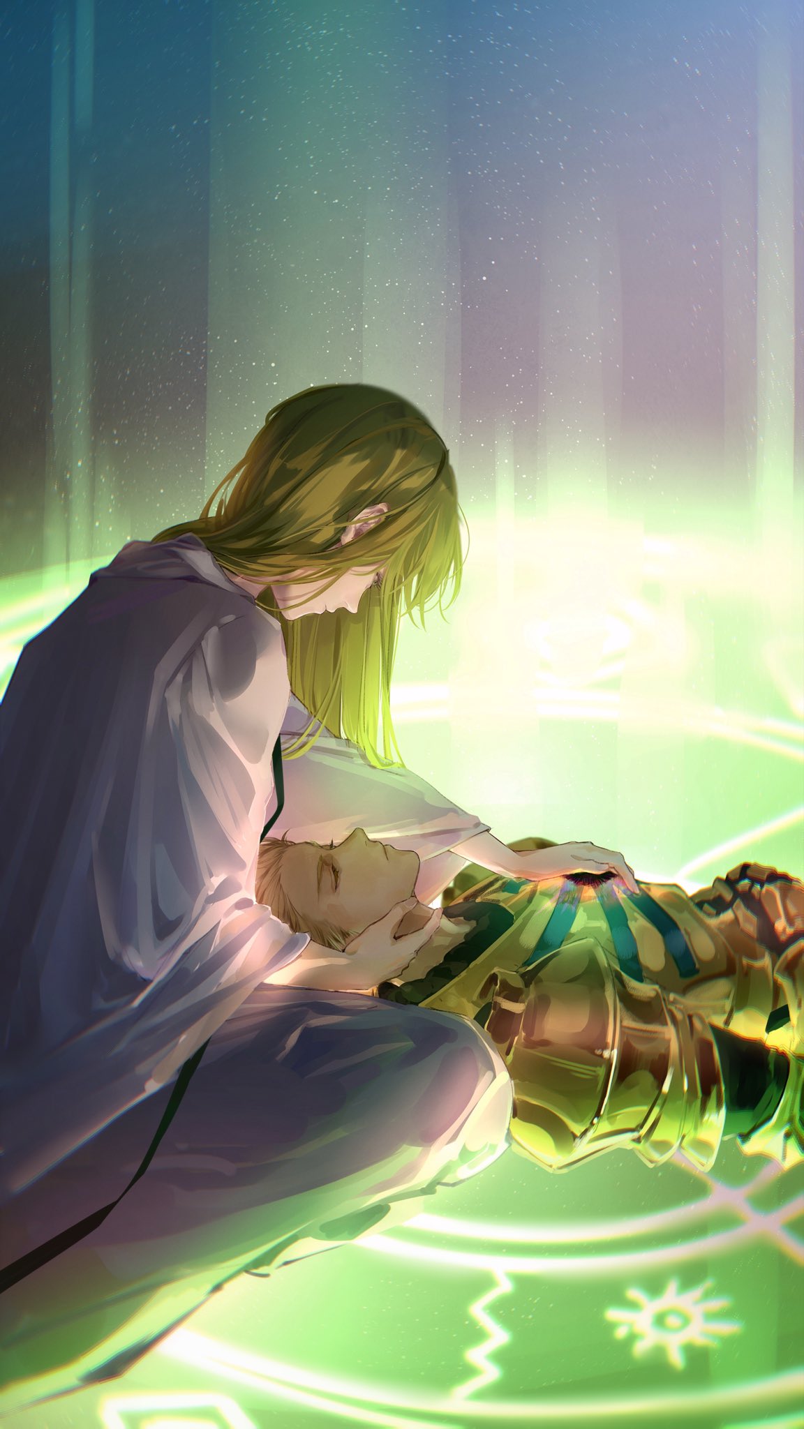 1boy, 1other, androgynous, armor, blonde_hair, closed_eyes, commentary, emalfire0312, enkidu_(fate), fate/strange_fake, fate_(series), full_body, gilgamesh_(fate), gold_armor, green_hair, hand_on_another's_chest, highres, injury, lap_pillow, long_hair, looking_at_another, looking_down, magic_circle, on_magic_circle, robe, short_hair, sitting, sitting_on_magic_circle, sky, star_(sky), starry_sky, unconscious, untranslatable_commentary, white_robe