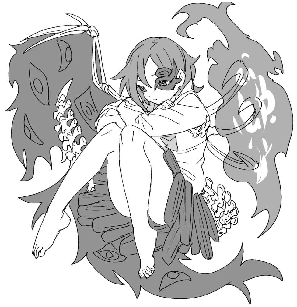 1girl, asymmetrical_wings, barefoot, closed_mouth, commentary_request, eyes_on_wings, fiery_wings, frown