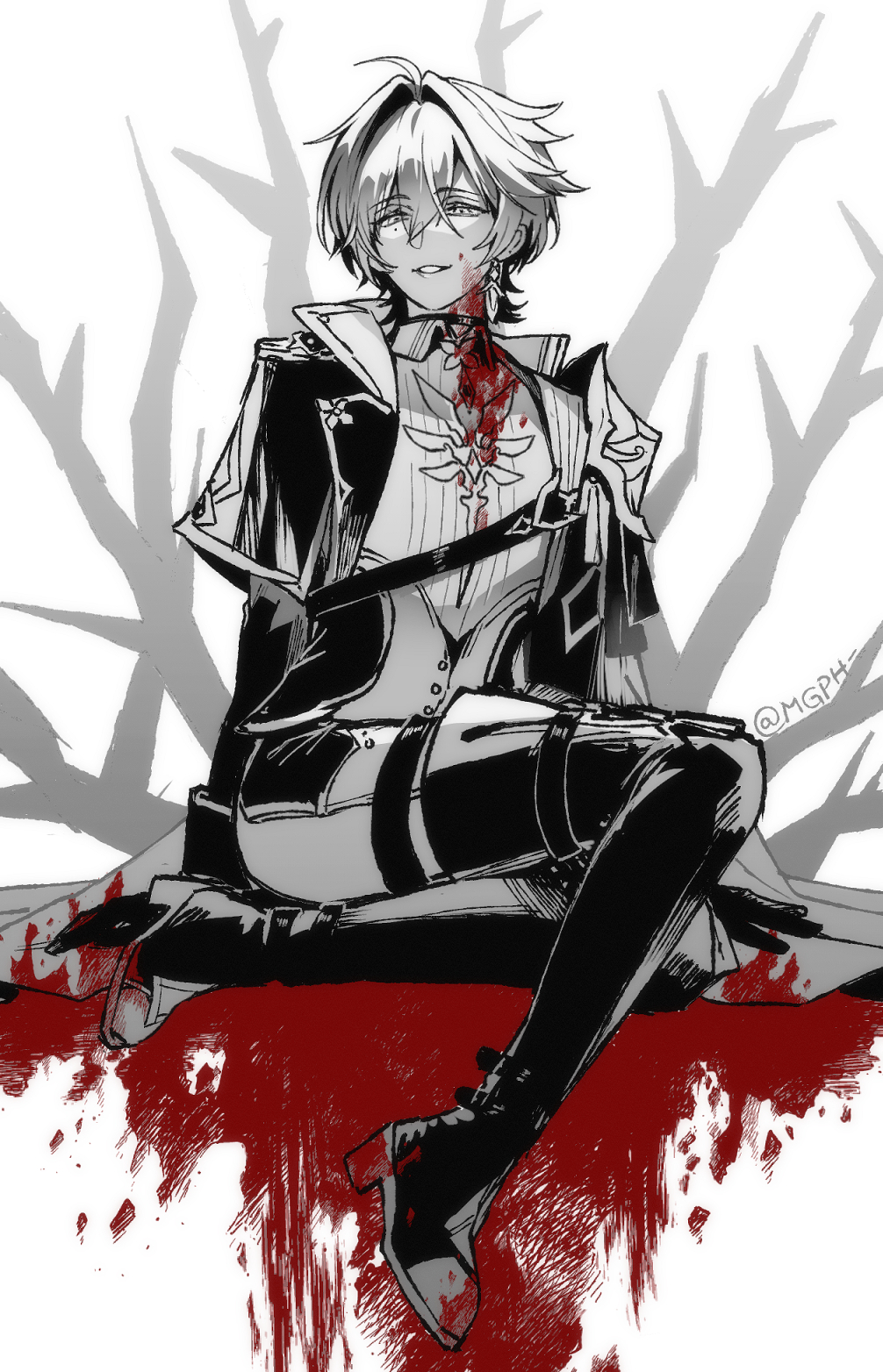 1boy, ahoge, arm_support, bare_tree, blood, blood_on_neck, blood_on_shoes, boots