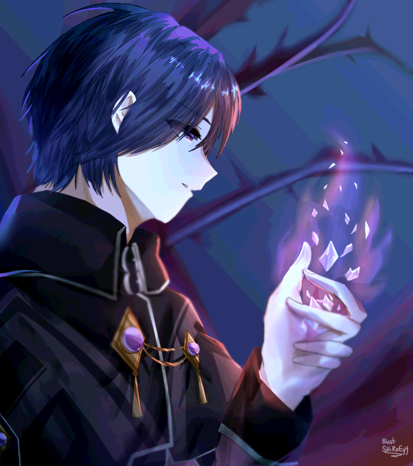 1boy, absurdres, black_capelet, blue_eyes, blue_hair, capelet, eternal_senia, eternal_senia_2:hydrangea_after_the_rain