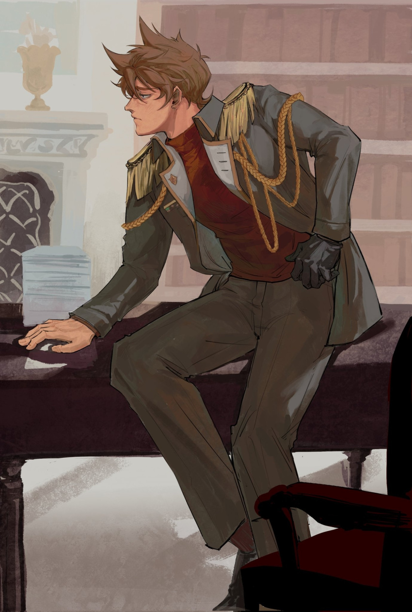 1boy, alternate_costume, animification, antenna_hair, black_gloves, blue_coat, brown_hair, coat