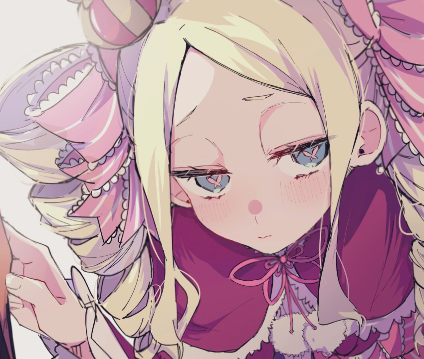 1girl, averting_eyes, beatrice_(re:zero), blonde_hair, blue_eyes, blush, butterfly-shaped_pupils, capelet