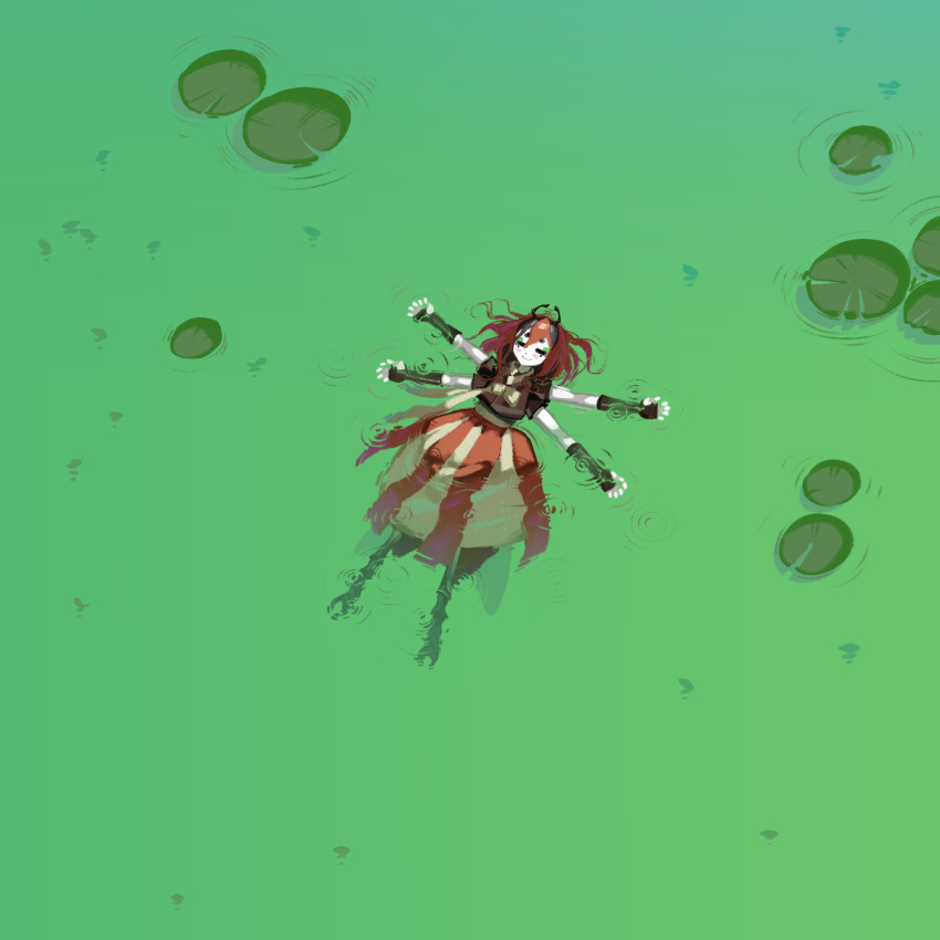 1girl, antennae, arthropod_girl, beastiez, beri_(beribug), black_hair, black_shirt, chima_(clothes), closed_eyes, colored_skin, extra_arms, fingerless_gloves, gloves, grey_skin, highres, indie_virtual_youtuber, insect_wings, ladybug_girl, lily_pad, monster_girl, multicolored_hair, outstretched_arms, red_hair, red_skirt, sedua_weynn, shirt, skirt, smile, solo, spread_arms, swimming, virtual_youtuber, water, wings