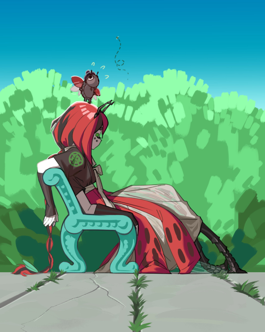 1girl, absurdres, animal_on_head, antennae, arthropod_girl, arthropod_limbs, beastiez, bench, beri_(beribug), black_hair, black_shirt, blue_sky, braid, bug, bush, chima_(clothes), colored_skin, extra_arms, fingerless_gloves, gloves, grass, grey_skin, highres, indie_virtual_youtuber, insect_wings, ladybug_girl, ladybug_wings, monster_girl, multicolored_hair, on_head, red_hair, red_skirt, sedua_weynn, shirt, sitting, skirt, sky, virtual_youtuber, wings