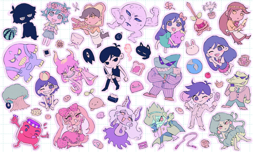 6+boys, 6+girls, antenna_hair, apple, aubrey_(headspace)_(omori), aubrey_(omori), ball, banana