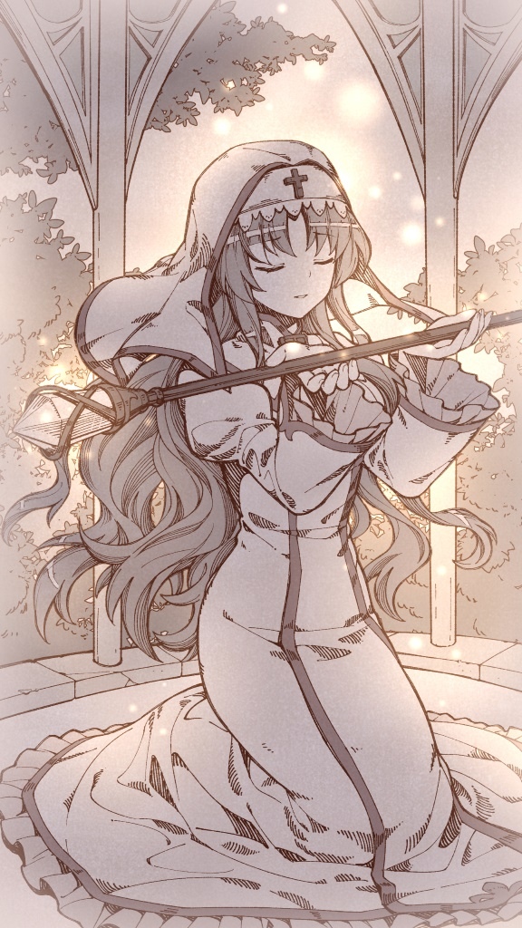 1girl, briella_(eternal_senia), closed_eyes, coif, eternal_senia, eternal_senia_2:hydrangea_after_the_rain, game_cg, holding