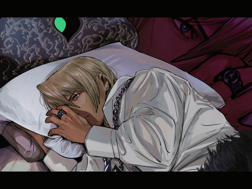 1boy, ace_attorney, alternate_costume, amikoiiko, apollo_justice:_ace_attorney, bed, bed_sheet, blonde_hair