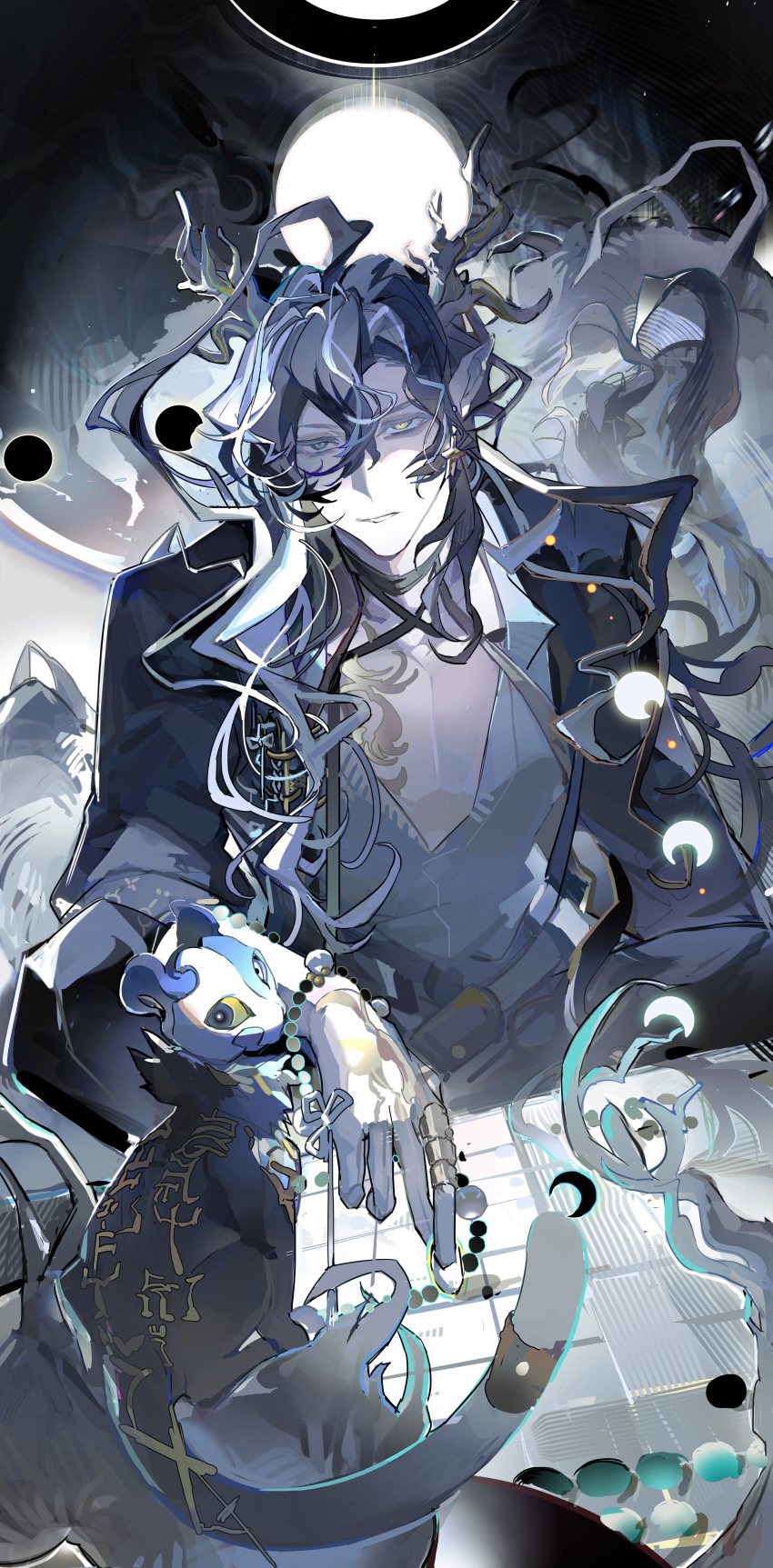 1boy, absurdres, arknights, bead_bracelet, beads, black_cat, black_eyes, black_hair
