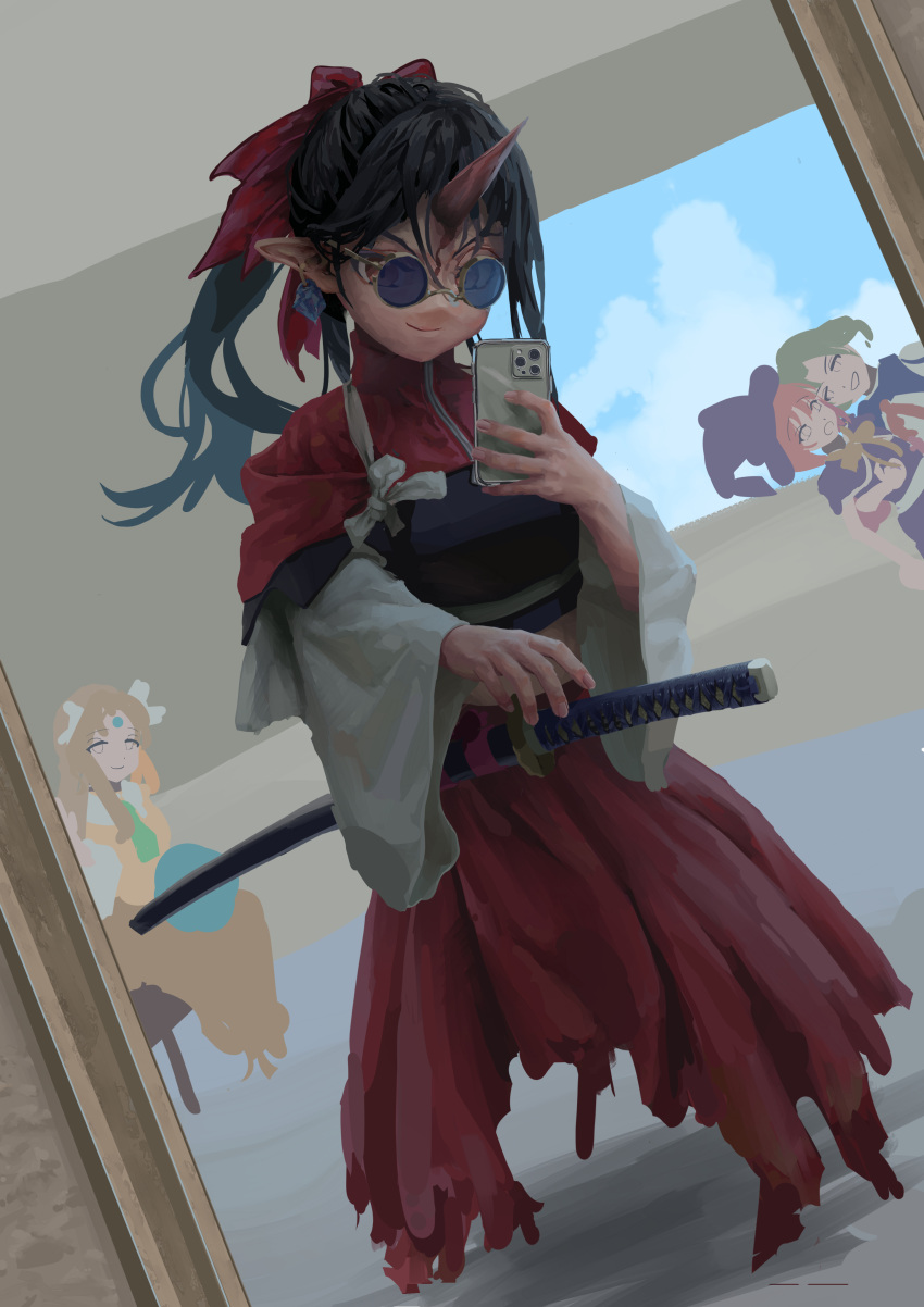 4girls, absurdres, ascot, bespectacled, black_hair, blonde_hair, blue_sky, commentary_request, commission, crystal_earrings, dress, earrings, fingernails, full_body, glasses, green_ascot, green_hair, hair_ribbon, hat, highres, horns, japanese_clothes, jewelry, katana, kikuri_(touhou), kimono, kirisame_marisa, kirisame_marisa_(pc-98), konngara_(touhou), mima_(touhou), mirror, mirror_selfie, multiple_girls, open_mouth, phone_request, pointy_ears, purple_dress, purple_hat, red_eyes, red_hair, red_kimono, red_ribbon, ribbon, scabbard, selfie, sheath, shirt, single_horn, skeb_commission, sketch_background, sky, smile, solo_focus, sunglasses, sword, touhou, touhou_(pc-98), weapon, wide_sleeves, witch_hat, yellow_shirt, yunickckck