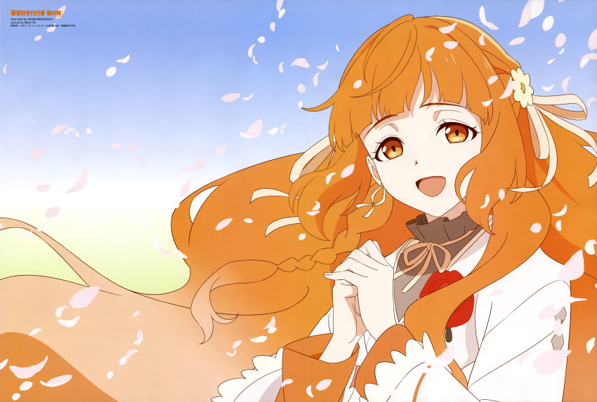 1girl, :d, absurdres, anime_coloring, artist_name, blunt_bangs, braid, copyright_name, copyright_notice, earrings, falling_petals, floating_hair, flower, hair_flower, hair_ornament, hands_up, highres, jewelry, kayou_hinagiku, long_hair, looking_at_viewer, magazine_scan, moriguchi_asami, neck_ribbon, newtype, official_art, open_mouth, orange_eyes, orange_hair, own_hands_together, petals, pink_petals, ribbon, scan, shunkashuutou_daikousha, side_braid, sidelocks, smile, solo, third-party_source, upper_body, very_long_hair, wind