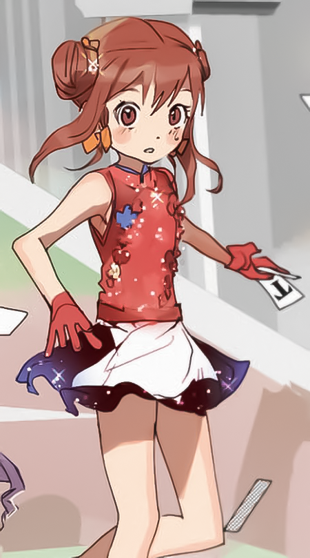 1girl, bad_source, figure_skating, figure_skating_dress, hair_bun, ice_skates, medalist_(manga), official_art