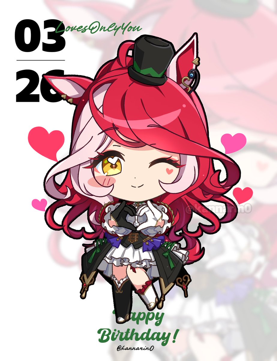 1girl, animal_ears, asymmetrical_gloves, black_jacket, blush, breasts, chibi, closed_mouth, commentary_request, facial_mark, full_body, gloves, hair_between_eyes, hair_ornament, happy_birthday, hat, heart, heart_facial_mark, heart_hands, heart_on_cheek, highres, horse_ears, horse_girl, horse_tail, jacket, kanntsukirin, long_hair, looking_at_viewer, loves_only_you_(9927_wishes)_(umamusume), loves_only_you_(umamusume), mini_hat, mini_top_hat, mismatched_gloves, multicolored_hair, one_eye_closed, red_hair, skirt, smile, tail, top_hat, umamusume, white_skirt, yellow_eyes, zoom_layer