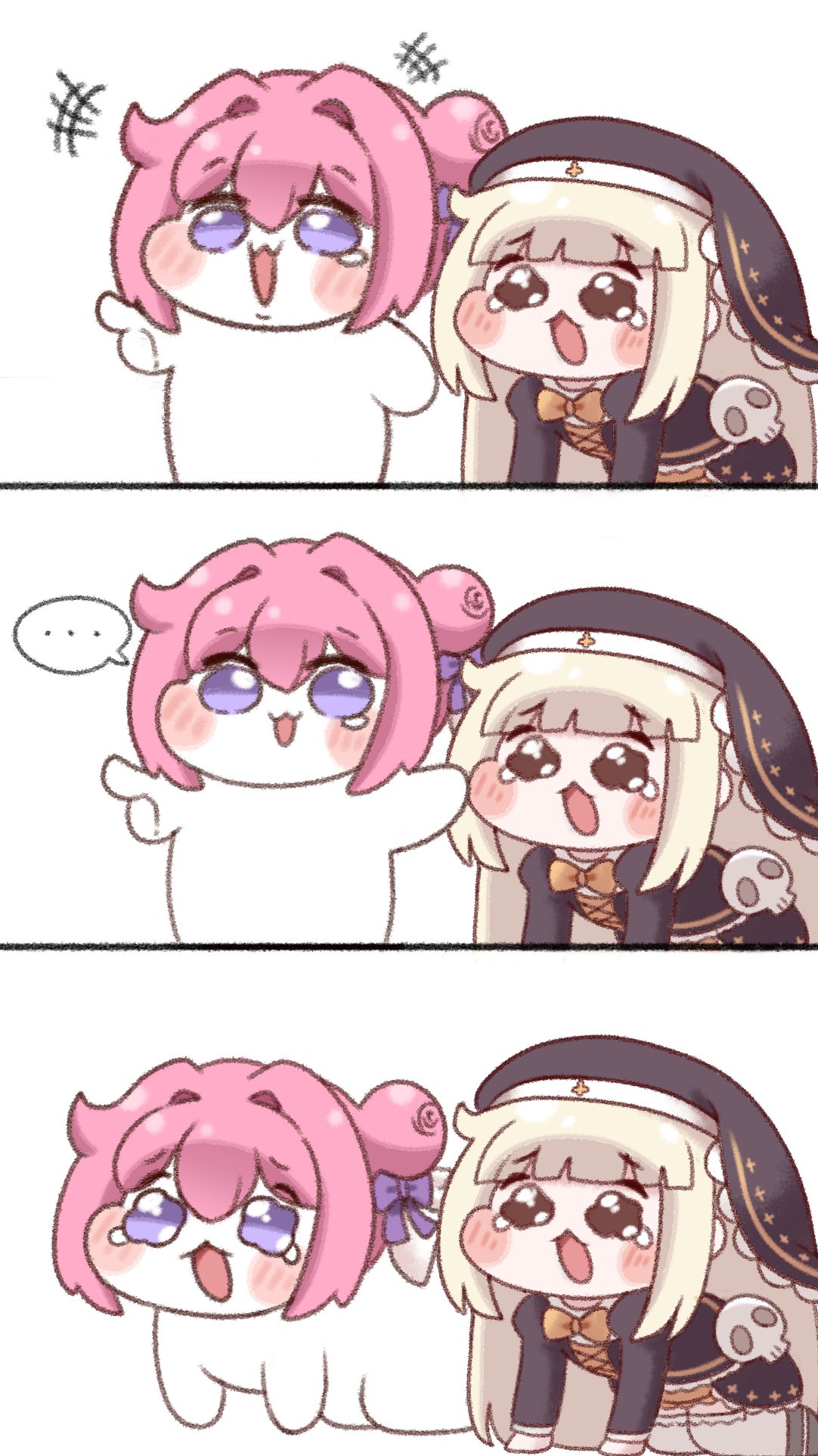 2girls, all_fours, black_veil, blonde_hair, blunt_bangs, blush_stickers, bow, bowtie, chibi, chibi_only, commentary, crossover, crying, doorookingdom, doro_(nikke), dorothy_(nikke), goddess_of_victory:_nikke, hair_bun, highres, long_sleeves, meme, multiple_girls, open_mouth, orange_bow, orange_bowtie, pink_hair, short_hair, simple_background, speaki_(trickcal), speakiposting_(meme), tearing_up, trickcal, unamused_friend_comic_(meme), veil, violet_eyes, white_background