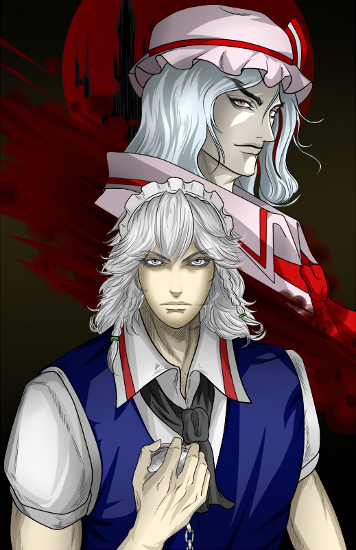 2girls, ascot, black_ascot, blue_hair, blue_vest, bow, castlevania_(series), collared_shirt