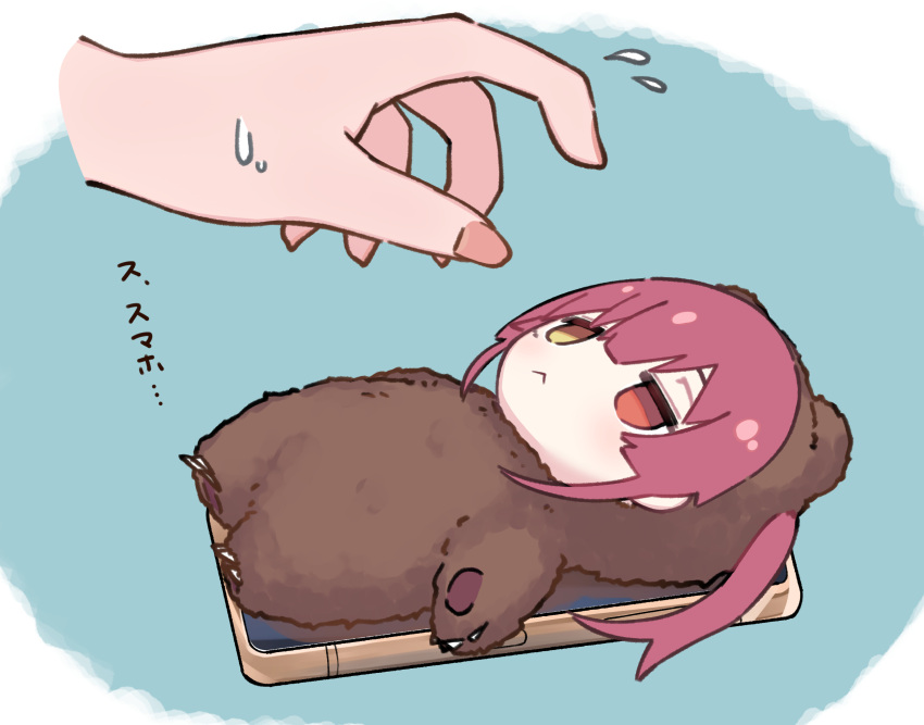1girl, :<, animal_costume, bear_costume, bear_paws, blocking_way, blue_background, blush