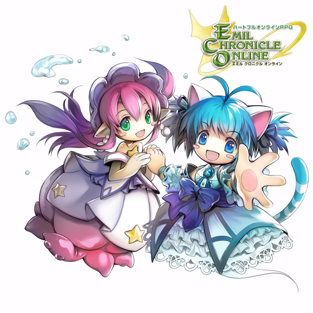 2girls, animal_ears, antenna_hair, bare_shoulders, blue_dress, blue_eyes, blue_hair, blue_ribbon, blue_sash, blue_tail, blush_stickers, cat_ears, cat_girl, cat_tail, copyright_logo, detached_sleeves, dress, earrings, emil_chronicle_online, frilled_dress, frilled_sleeves, frills, ghost_girl, ghost_tail, green_eyes, hair_ribbon, jewelry, logo, long_sidelocks, monster_girl, multiple_girls, nekomata_sora, official_alternate_costume, official_art, open_mouth, pawpads, pearl_earrings, pink_hair, pointy_ears, ribbon, ribbon-trimmed_sleeves, ribbon_trim, sash, scylla, shell_hat, shirt, shugoma_fumitsuki, sidelocks, skirt, sleeveless, sleeveless_dress, smile, star_(symbol), star_print, strapless, strapless_shirt, striped_tail, tail, twintails, water_drop, white_background, white_shirt, white_skirt, white_tail, wide_sleeves