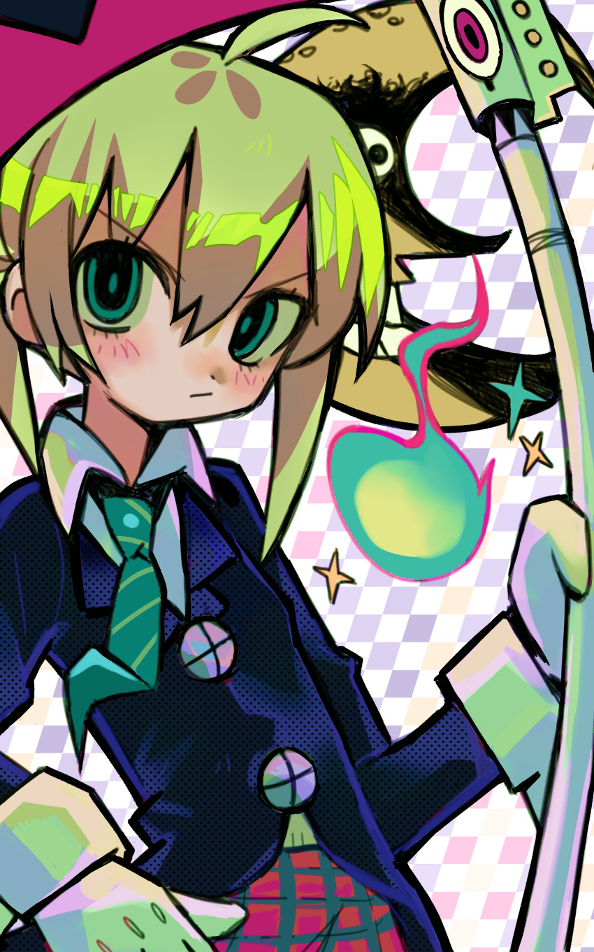 1girl, absurdres, ahoge, black_jacket, blonde_hair, blush, checkered_background, collarbone