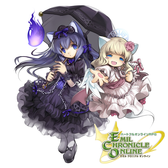 2girls, animal_ears, black_dress, black_hairband, black_umbrella, blue_bow, blue_dress, blue_eyes
