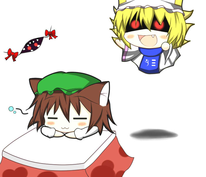 :3, animal_ears, blonde_hair, blush_stickers, brown_hair, cat_ears, chen, chibi, closed_eyes, eyes_closed, fang, fox_tail, gaius_(nikoniko2), gap, glowing, glowing_eyes, hat, jumping, kotatsu, looking, multiple_girls, multiple_tails, open_mouth, peeking, red_eyes, sleeping, table, tail, touhou, yakumo_ran, yakumo_yukari, you_gonna_get_raped