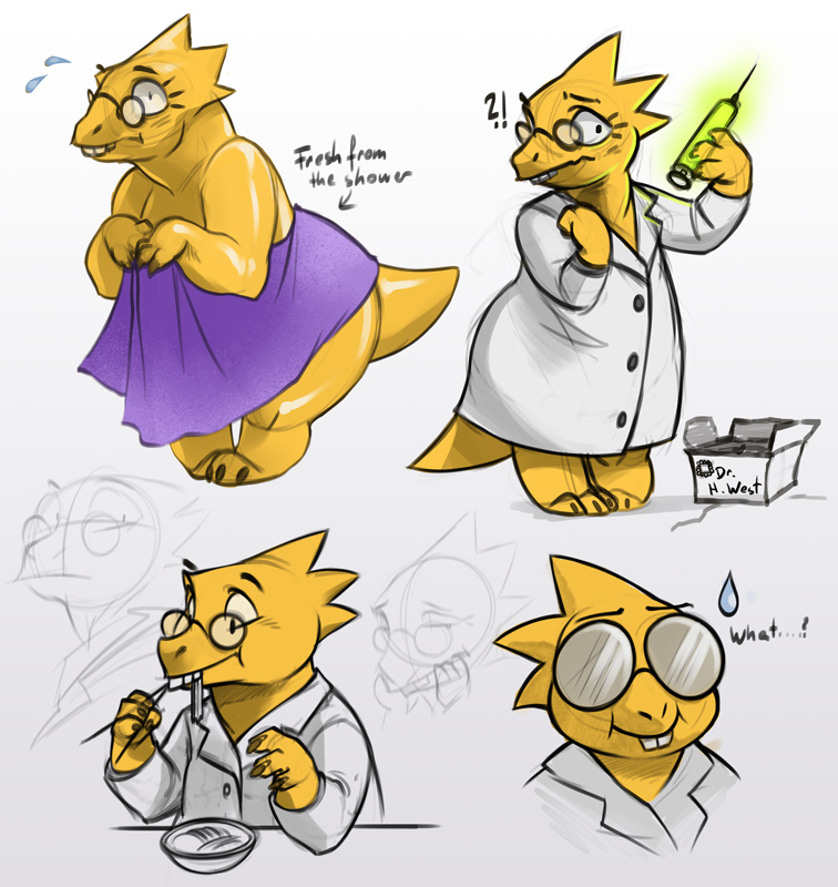 !, !?, 1girl, 2015, 2d, ?, after_shower, alphys, animal_nose, anthro, barefoot, bowl, box, buck_teeth, chopsticks, coat, colored_skin, commentary, cropped_shoulders, digital_media, dinosaur, dinosaur_girl, eating, english_commentary, english_text, eyelashes, female, female_only, flying_sweatdrops, food, full_body, glasses, holding, holding_chopsticks, holding_syringe, lab_coat, lizard, lizard_girl, lizard_tail, long_sleeves, monster, monster_girl, multiple_views, naked_towel, noodles, reptile, reptile_girl, reptile_tail, rotarr, scalie, sketch, solo, standing, syringe, tail, teeth, text, towel, undertale, upper_body, utdr_(toby_fox), white_background, white_coat, yellow_skin