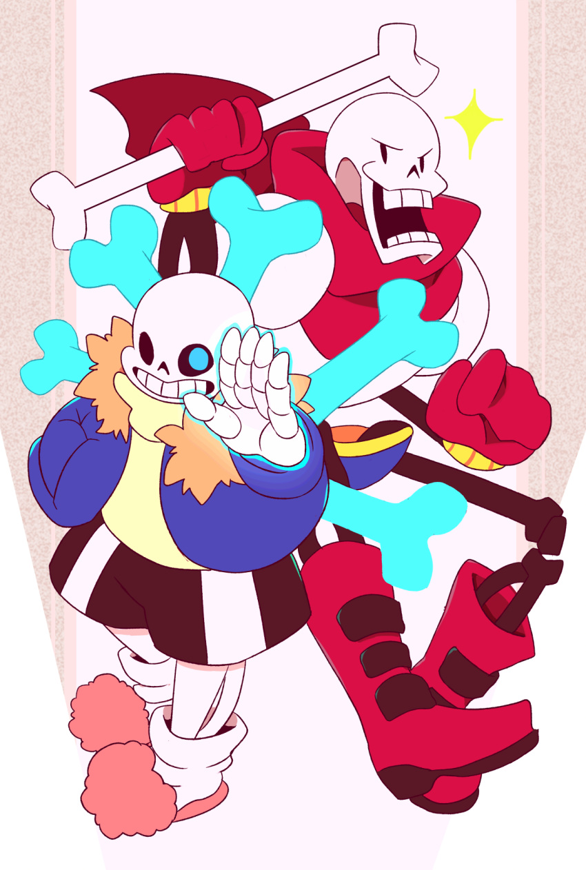 2016, 2boys, 2d, aqua_eyes, armor, black_shorts, blue_jacket, blue_shorts, bone, boots, brothers, cape, clenched_hands, commentary, digital_media, duo, english_commentary, foreshortening, fruitloop-chan, full_body, fur-trimmed_jacket, fur_trim, gloves, glowing, glowing_eye, hand_in_pocket, highres, holding, holding_bone, hollow_eyes, humanoid, jacket, long_sleeves, male, male_focus, male_only, monster, monster_boy, multiple_boys, open_clothes, open_jacket, orange_fur, papyrus_(undertale), pink_slippers, red_boots, red_cape, red_gloves, sans_(undertale), shorts, siblings, simple_background, single_vertical_stripe, skeleton, slippers, socks, standing, striped_clothes, striped_shorts, sweater, teeth, undead, undertale, utdr_(toby_fox), vertical-striped_clothes, vertical-striped_shorts, white_armor, white_background, white_socks, white_stripes, yellow_sweater