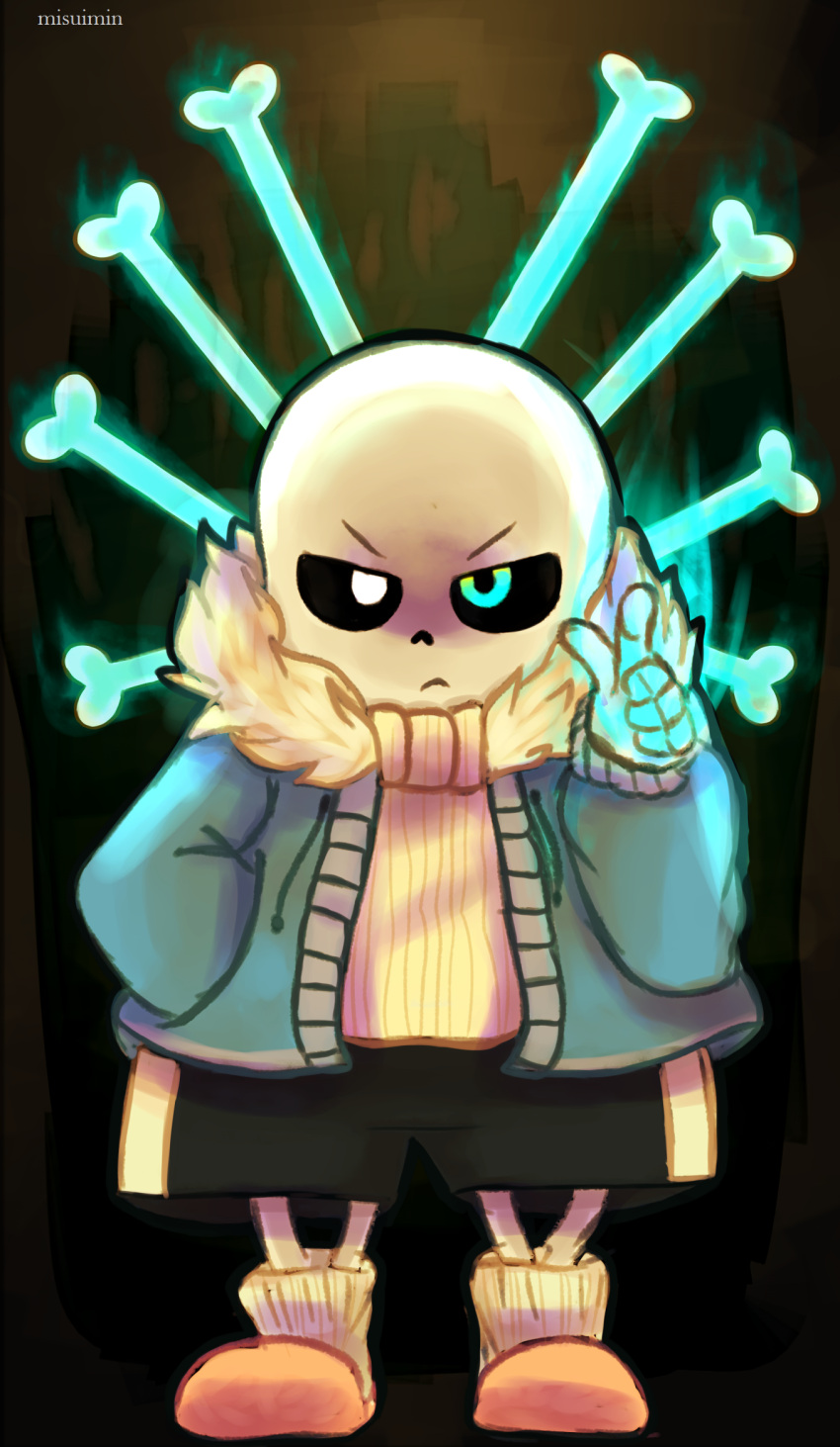 1boy, 2016, 2d, :<, artist_name, black_background, black_shorts, blue_jacket