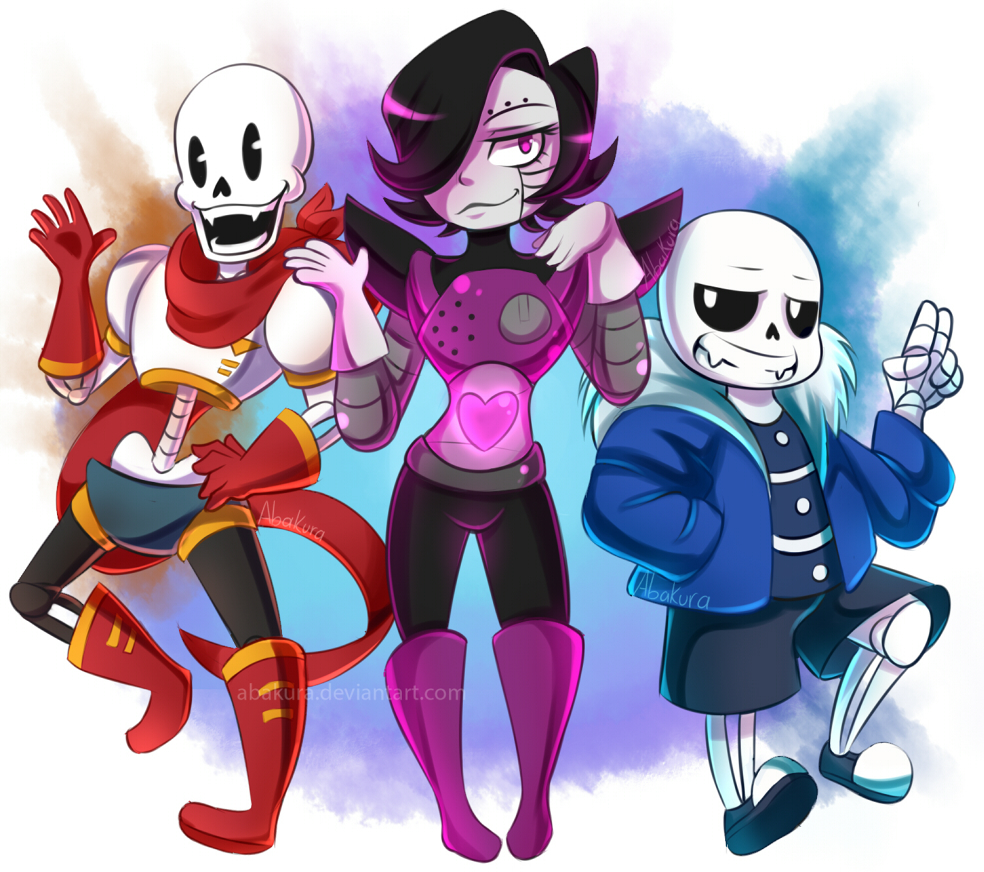 2016, 2d, 3boys, abakura, android, armor, artist_name, black_hair, black_shirt, black_shorts, black_slippers, blue_jacket, blue_shorts, boots, brothers, commentary, deformed, deviantart_username, digital_media, double_horizontal_stripe, english_commentary, fangs, full_body, fur-trimmed_jacket, fur_trim, gloves, hair_over_one_eye, hand_in_pocket, hand_on_own_hip, hand_up, hands_up, hip_bones, hollow_eyes, horizontal-striped_clothes, horizontal-striped_shirt, humanoid, humanoid_robot, jacket, long_scarf, long_sleeves, male, male_focus, male_only, mettaton, mettaton_ex, monster, monster_boy, multiple_boys, open_clothes, open_jacket, papyrus_(undertale), pauldrons, pink_boots, red_boots, red_gloves, red_scarf, robot, robot_boy, sans_(undertale), scarf, shirt, short_hair, shorts, siblings, side-by-side, simple_background, skeleton, slippers, spine, standing, striped_clothes, striped_shirt, teeth, trio, undead, undertale, utdr_(toby_fox), watermark, white_armor, white_background, white_fur, white_gloves, white_stripes