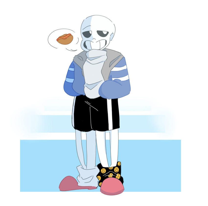 1boy, 2023, 2d, aqua_background, aqua_sweater, black_shorts, black_sock, blue_jacket